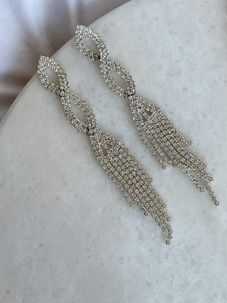 İthal Gümüş Renk Taşlı Uzun Küpe (10 Cm)