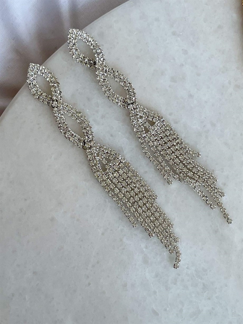 İthal Gümüş Renk Taşlı Uzun Küpe (10 Cm)