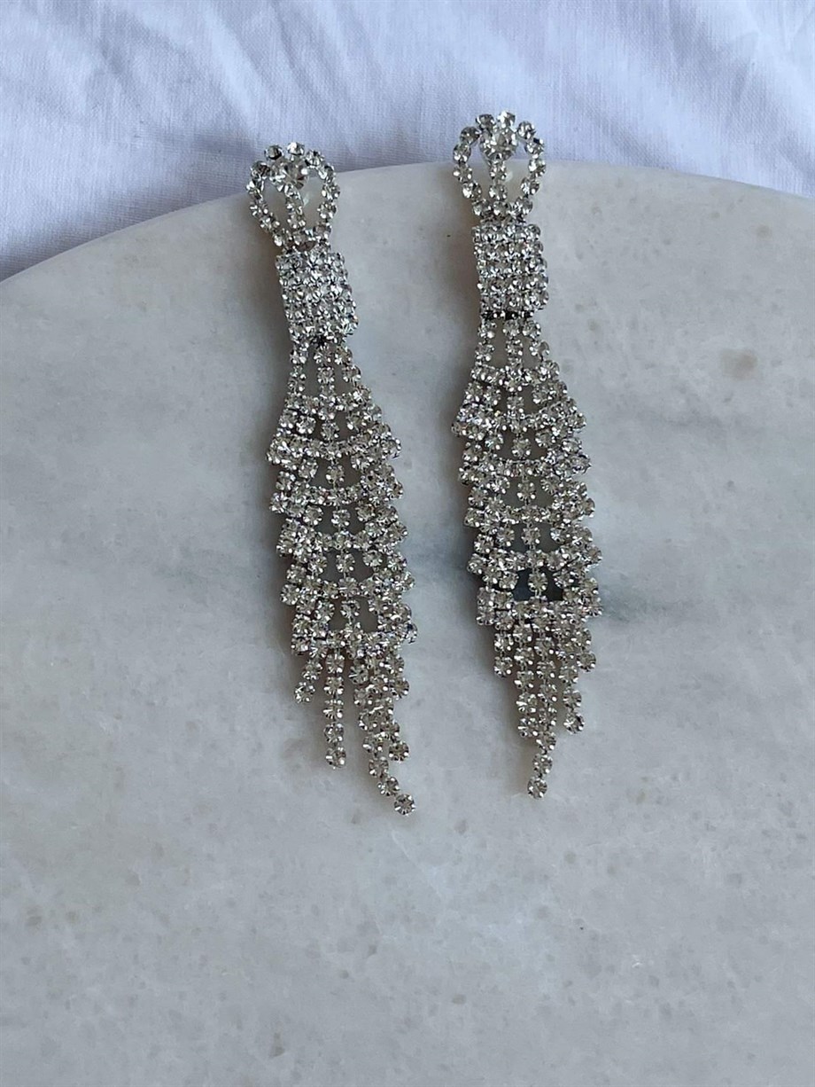 İthal Gümüş Renk Taşlı Uzun Küpe (9 Cm)