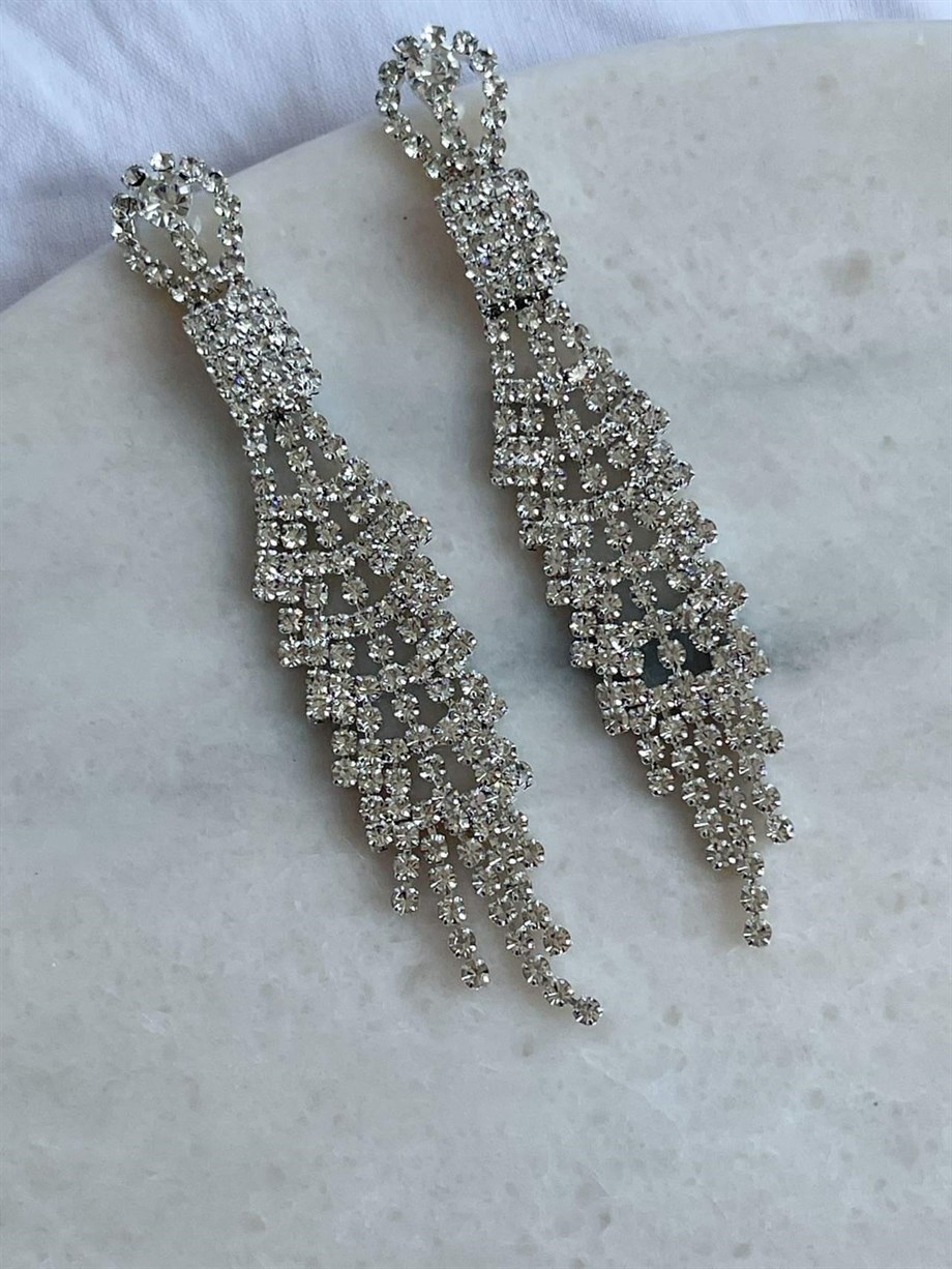 İthal Gümüş Renk Taşlı Uzun Küpe (9 Cm)