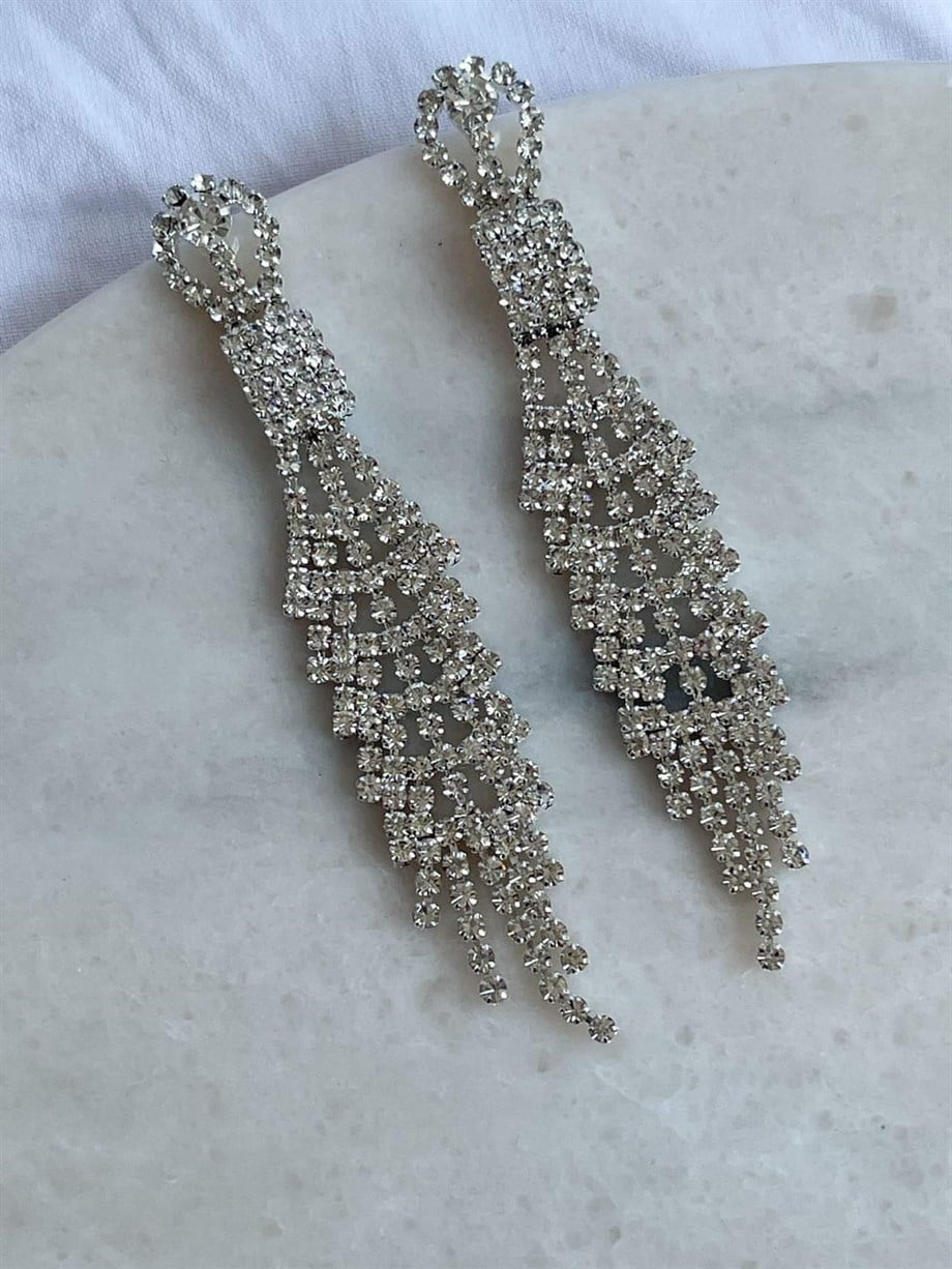 İthal Gümüş Renk Taşlı Uzun Küpe (9 Cm)