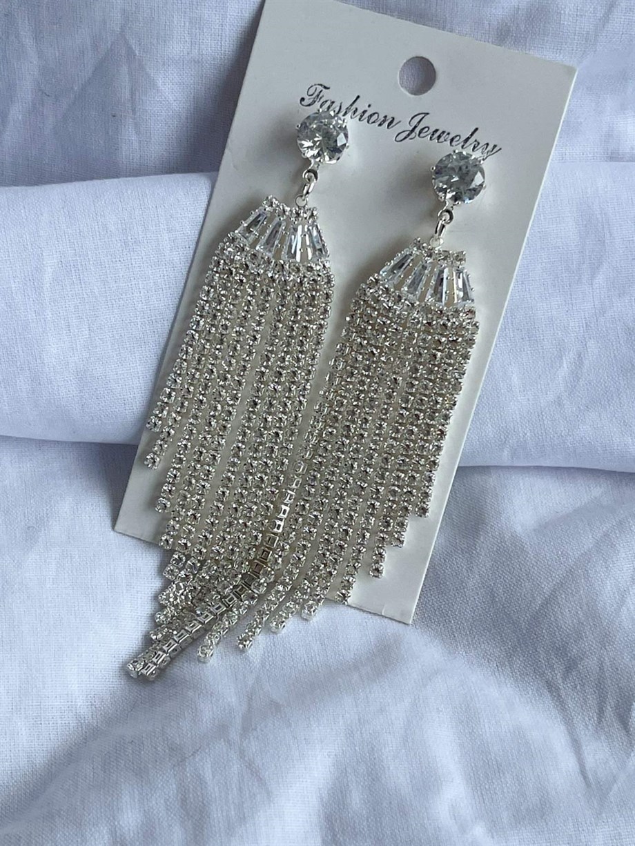 İthal Gümüş Renk Taşlı Uzun Küpe (9 Cm)