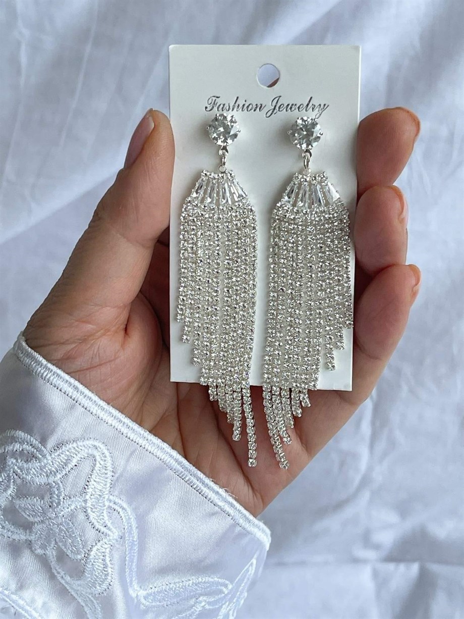 İthal Gümüş Renk Taşlı Uzun Küpe (9 Cm)