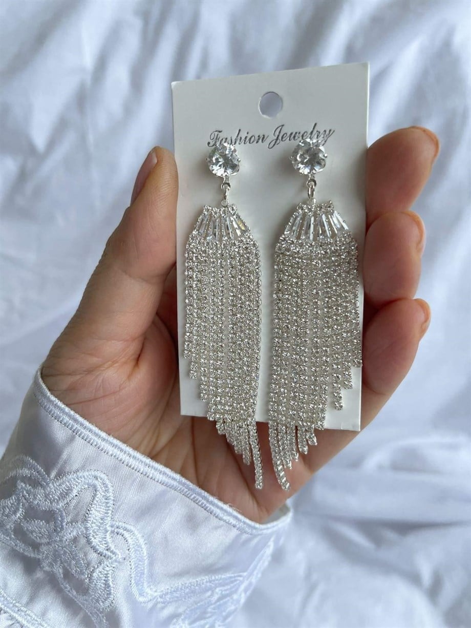 İthal Gümüş Renk Taşlı Uzun Küpe (9 Cm)