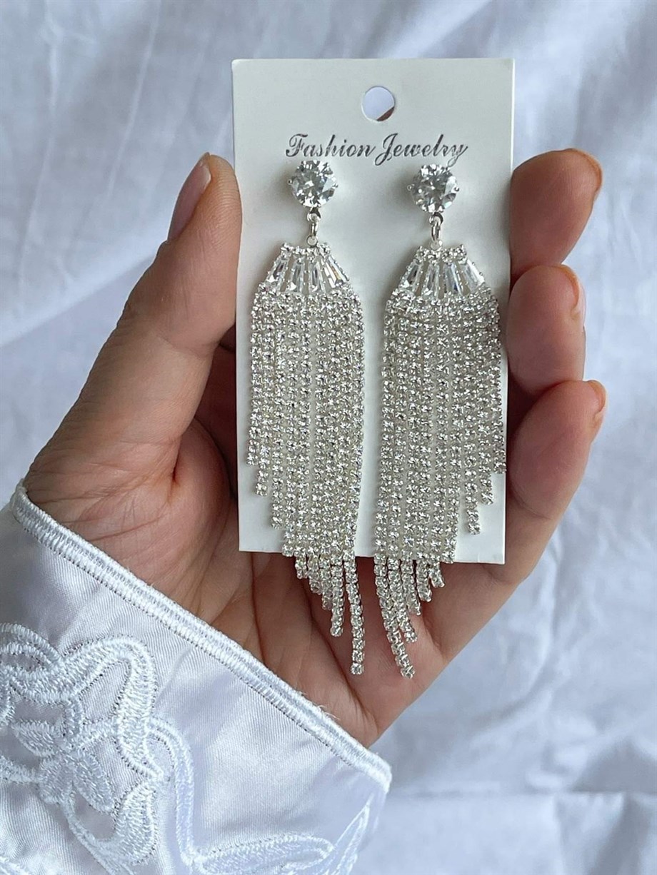 İthal Gümüş Renk Taşlı Uzun Küpe (9 Cm)