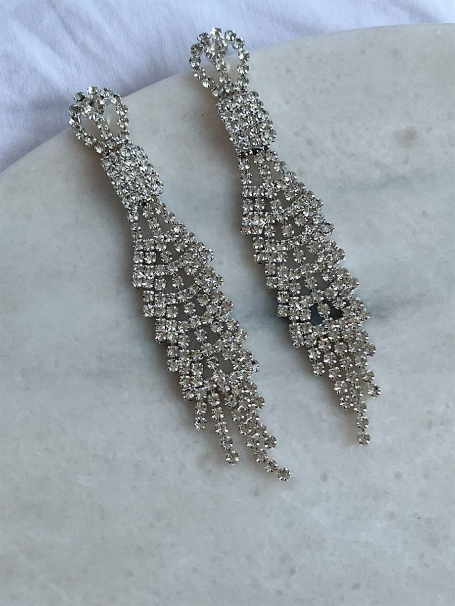 İthal Gümüş Renk Taşlı Uzun Küpe (9 Cm)