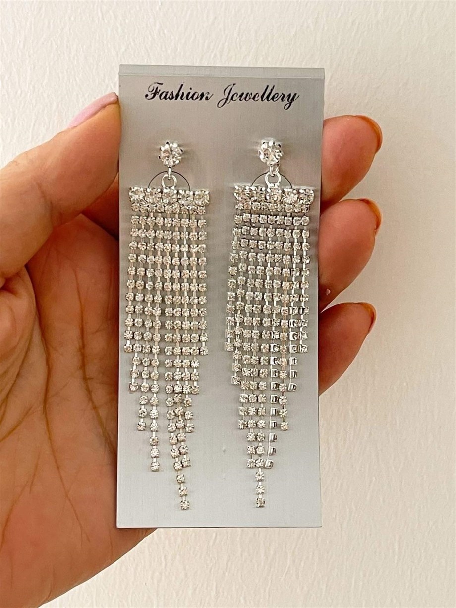 İthal Gümüş Renk Zirkon Taşlı Sallantılı Küpe (7.5 Cm)