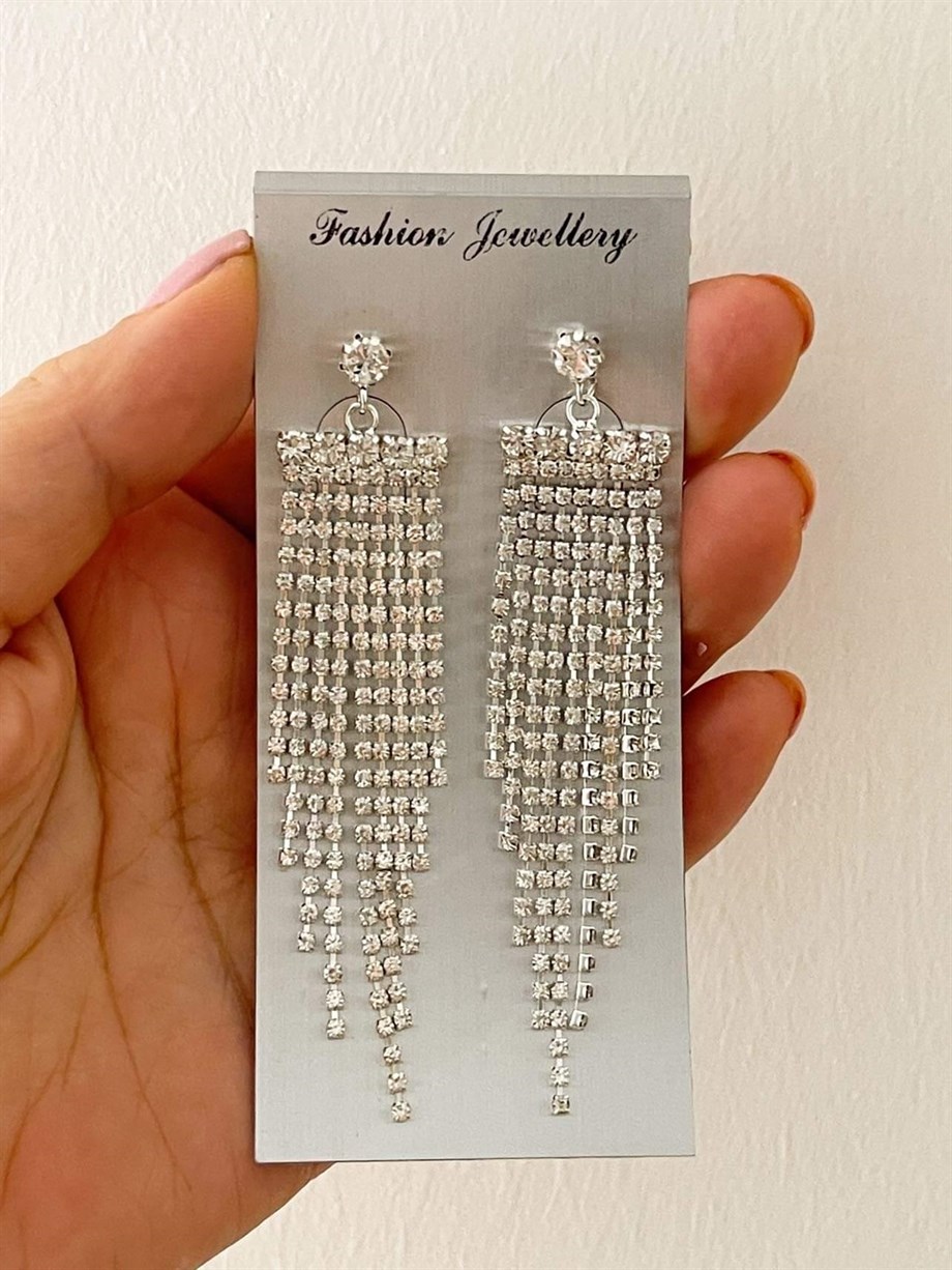 İthal Gümüş Renk Zirkon Taşlı Sallantılı Küpe (7.5 Cm)