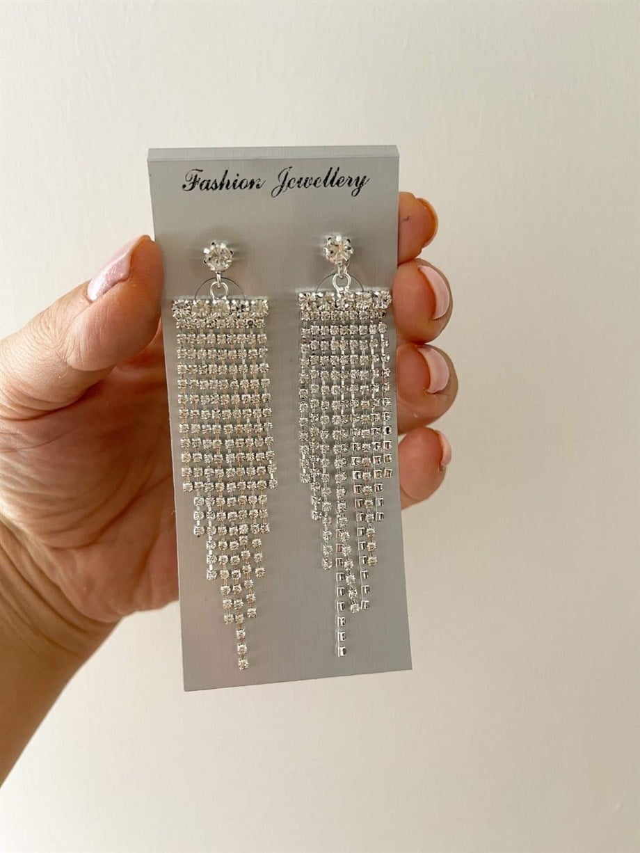 İthal Gümüş Renk Zirkon Taşlı Sallantılı Küpe (7.5 Cm)