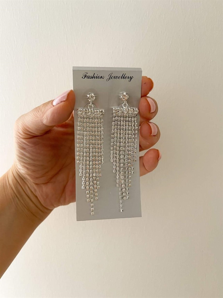 İthal Gümüş Renk Zirkon Taşlı Sallantılı Küpe (7.5 Cm)