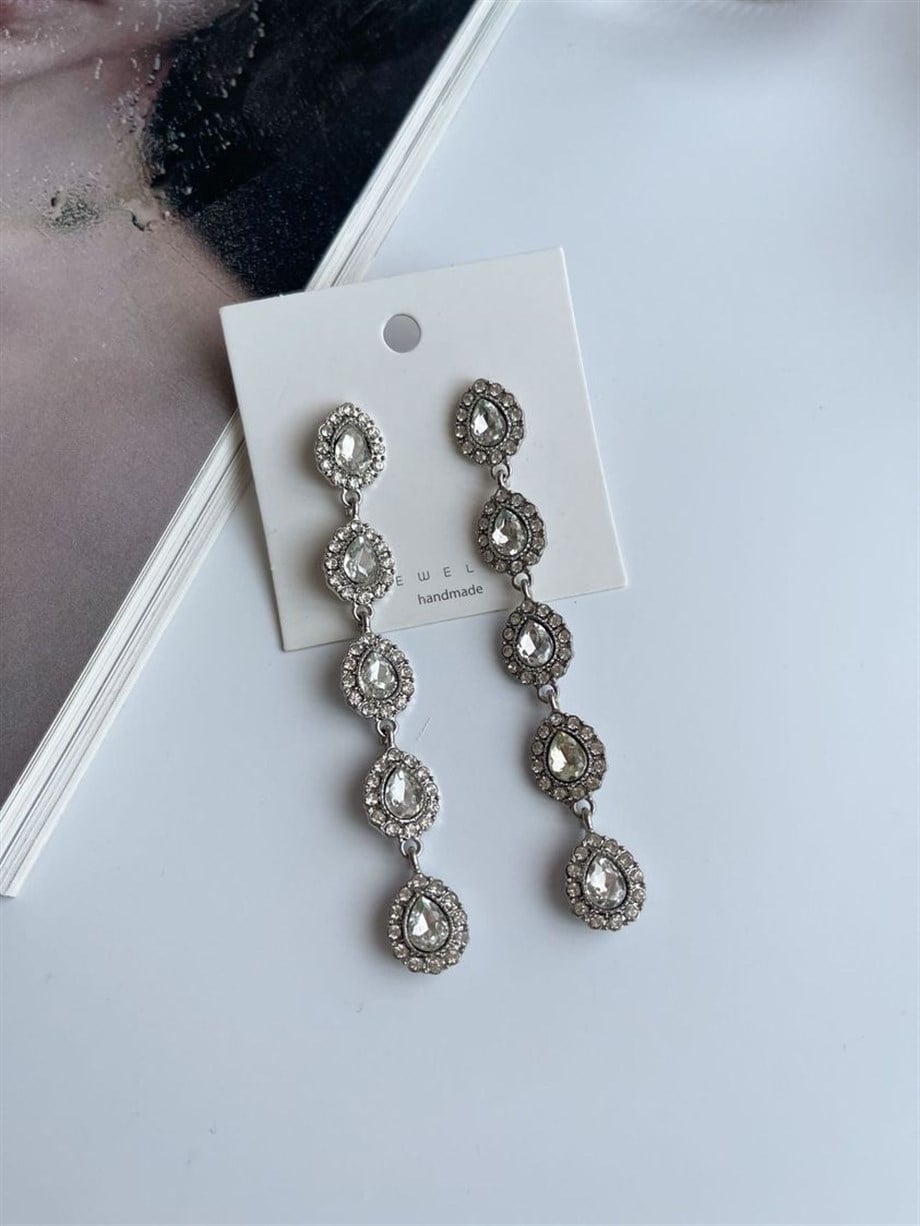 İthal Pırlanta Montür Taşlı Uzun Küpe (8.5 Cm)