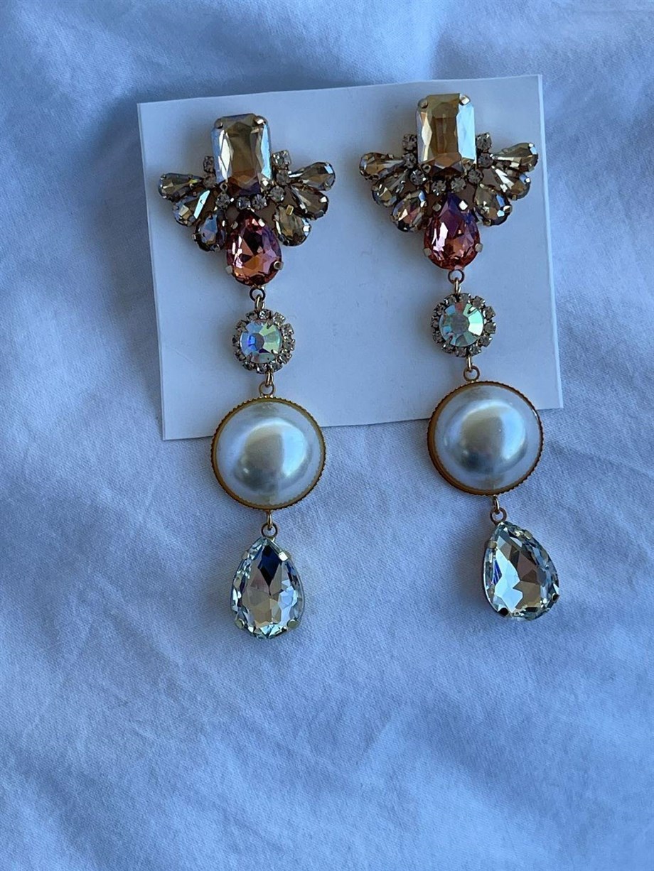 İthal Taşlı İncili Premium Küpe (9 Cm)