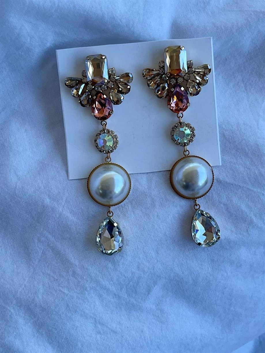 İthal Taşlı İncili Premium Küpe (9 Cm)