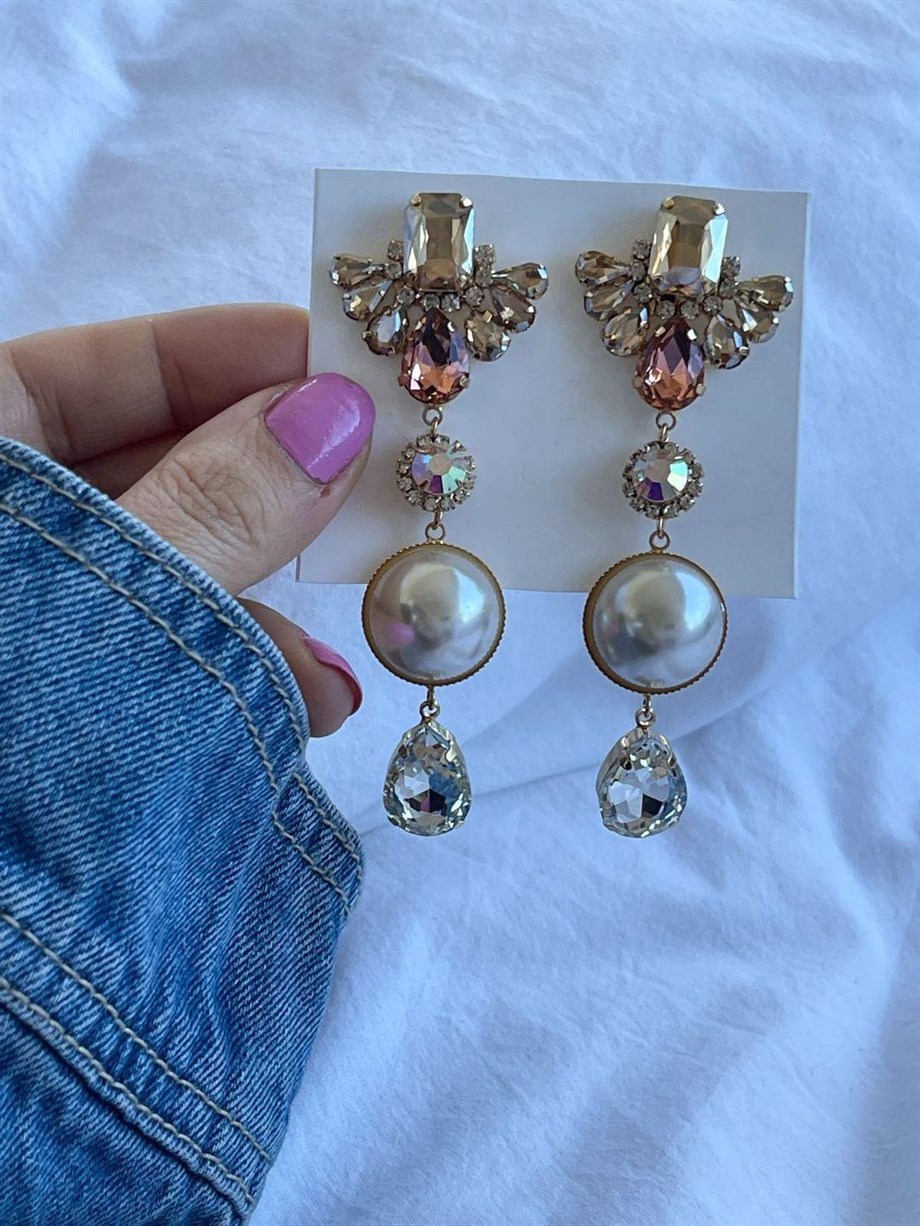 İthal Taşlı İncili Premium Küpe (9 Cm)