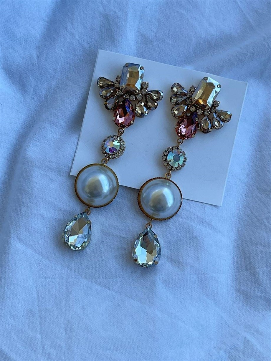 İthal Taşlı İncili Premium Küpe (9 Cm)