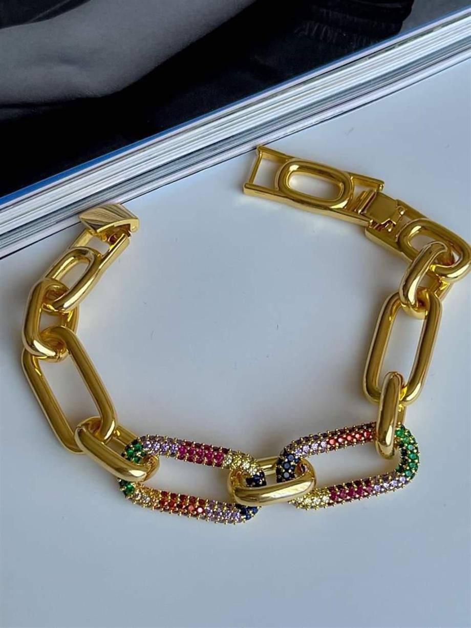 Özel Altın Kaplama Renkli Zirkon Taşlı Vip Kalın Bileklik (21 Cm)