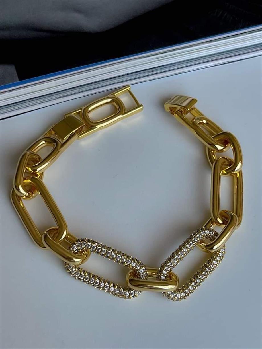 Özel Altın Kaplama Zirkon Taşlı Vip Kalın Bileklik  (22 Cm)