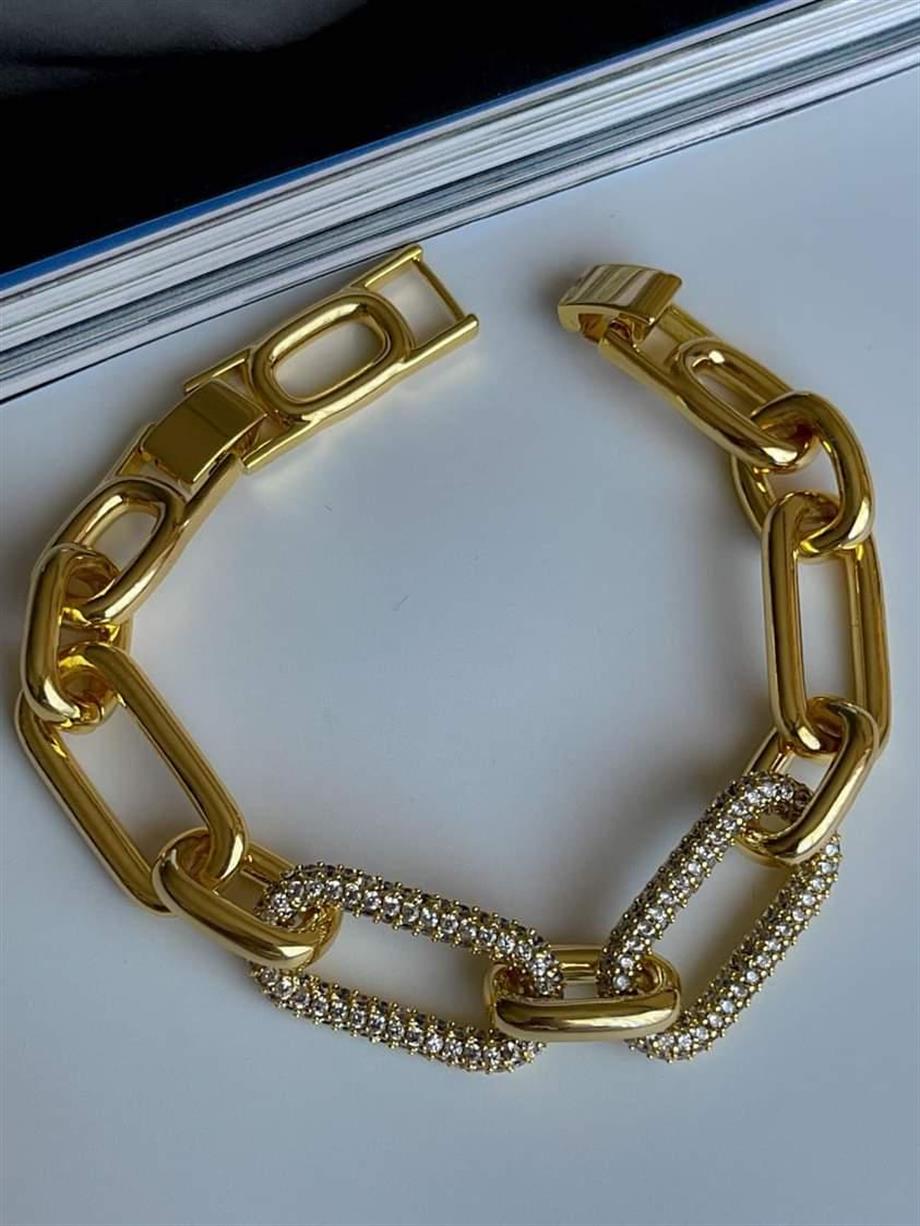 Özel Altın Kaplama Zirkon Taşlı Vip Kalın Bileklik  (22 Cm)