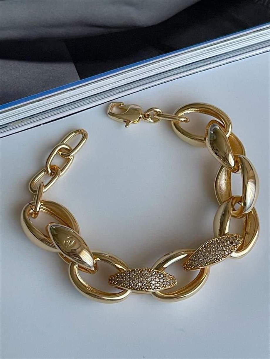 Özel Altın Kaplama Zirkon Taşlı Vip Kalın Bileklik (21 Cm)