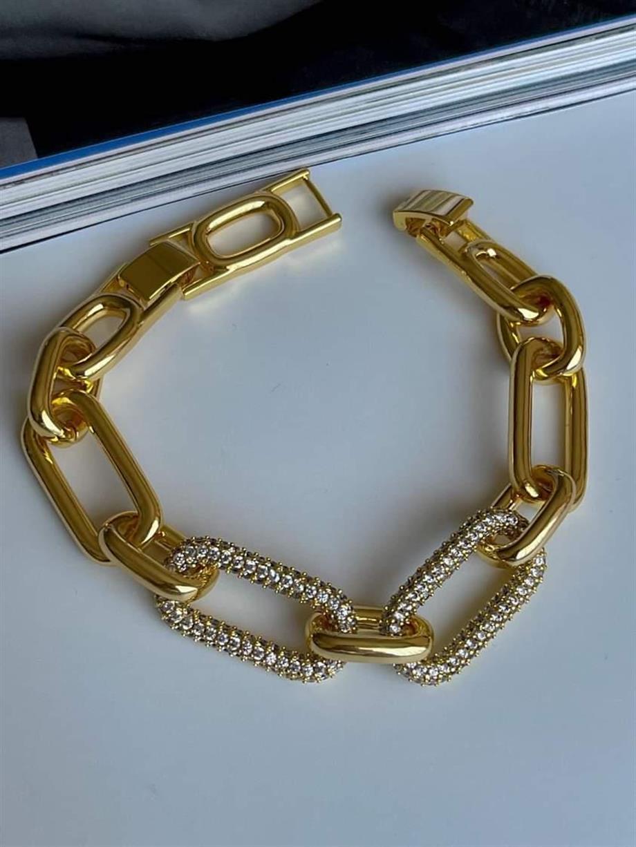 Özel Altın Kaplama Zirkon Taşlı Vip Kalın Bileklik  (22 Cm)