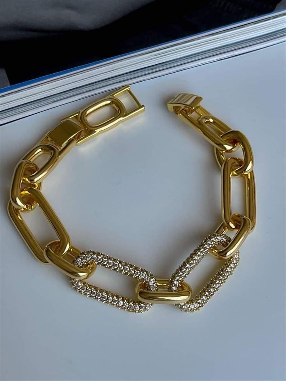 Özel Altın Kaplama Zirkon Taşlı Vip Kalın Bileklik  (22 Cm)