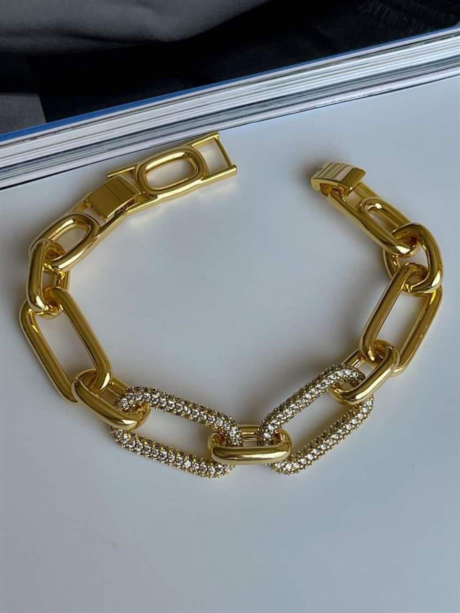 Özel Altın Kaplama Zirkon Taşlı Vip Kalın Bileklik  (22 Cm)