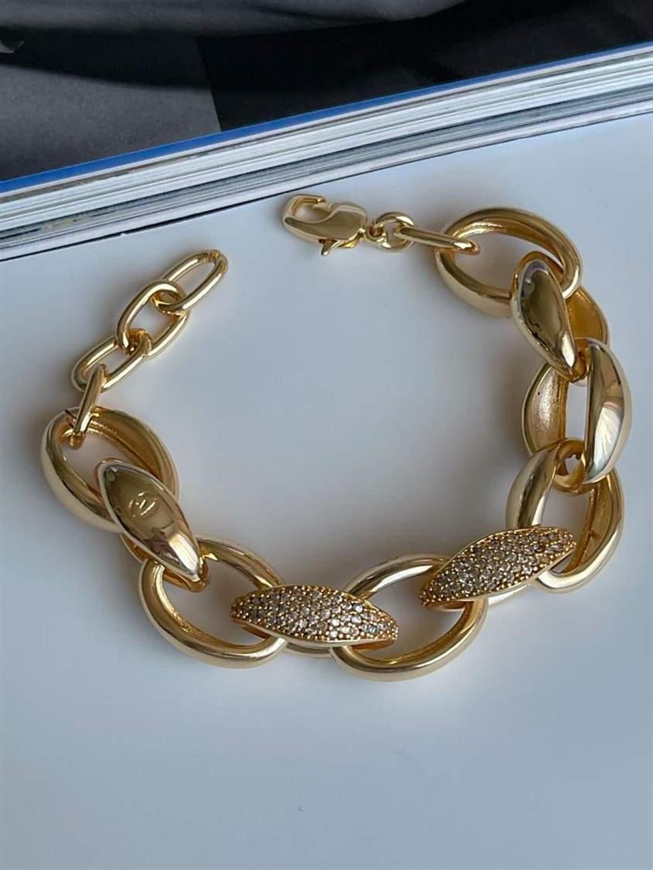 Özel Altın Kaplama Zirkon Taşlı Vip Kalın Bileklik (21 Cm)