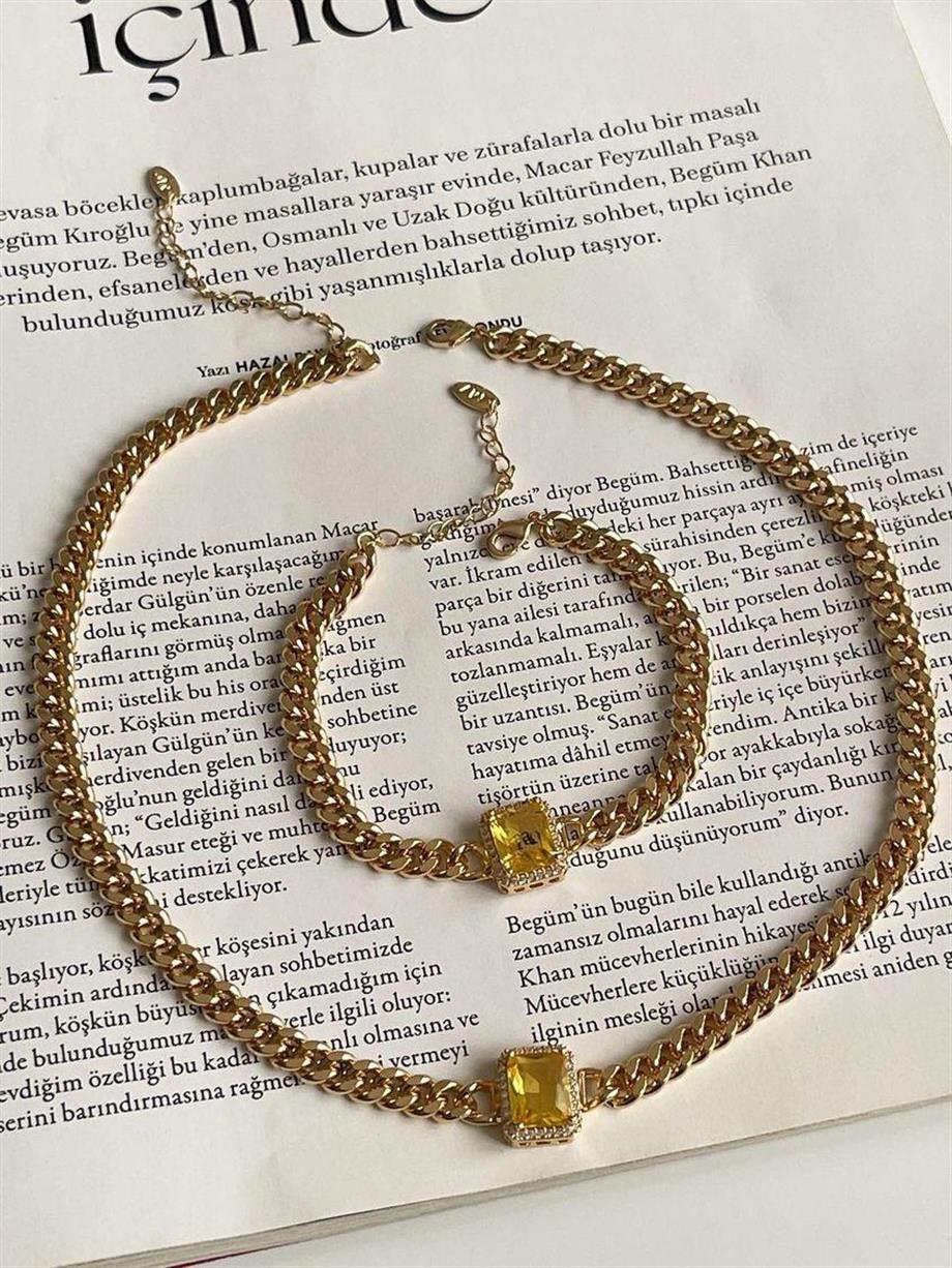 Özel Kaplama Altın Kaplama Safir Sarı Taşlı Vip Kolye (43 Cm)