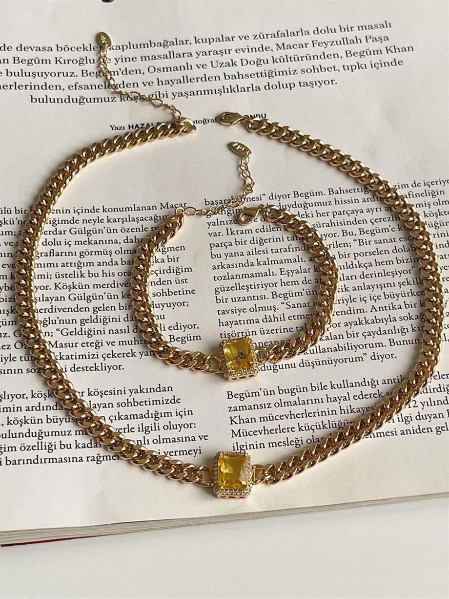 Özel Kaplama Altın Kaplama Safir Sarı Taşlı Vip Kolye (43 Cm)