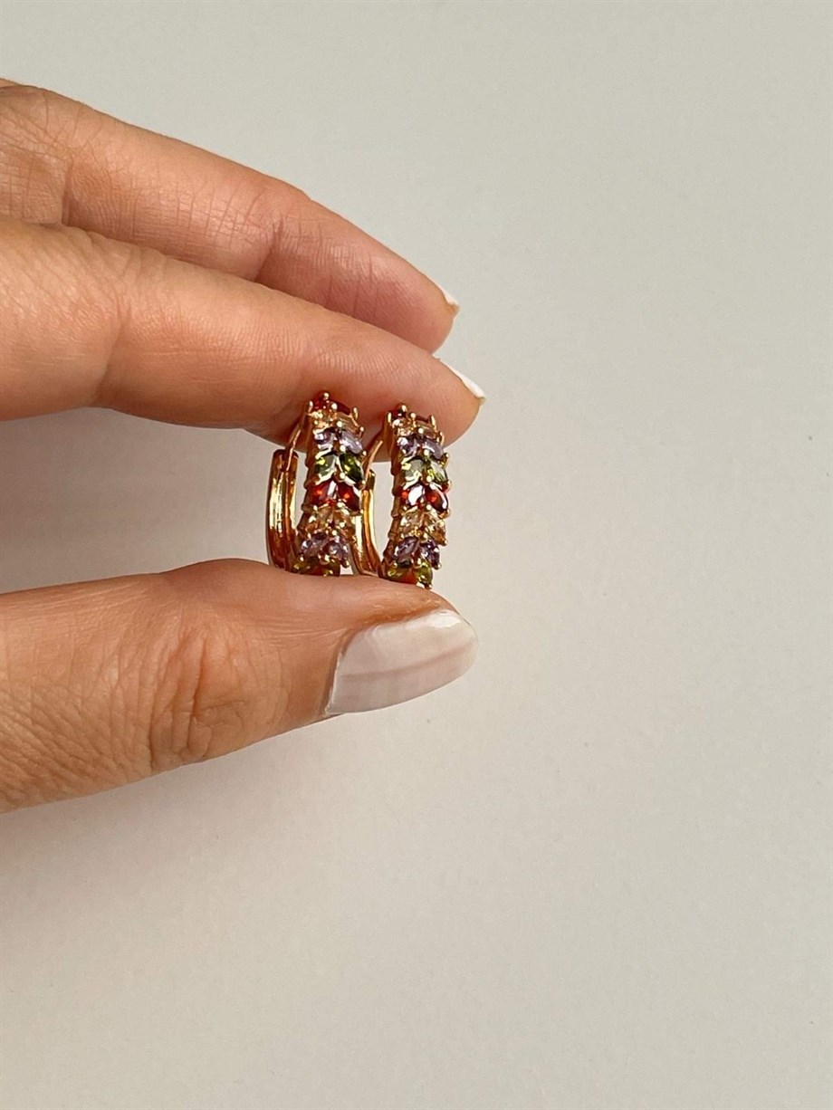 Özel Kaplama Balık Sırtı Renkli Taşlı Baget Halka Küpe (2 Cm)