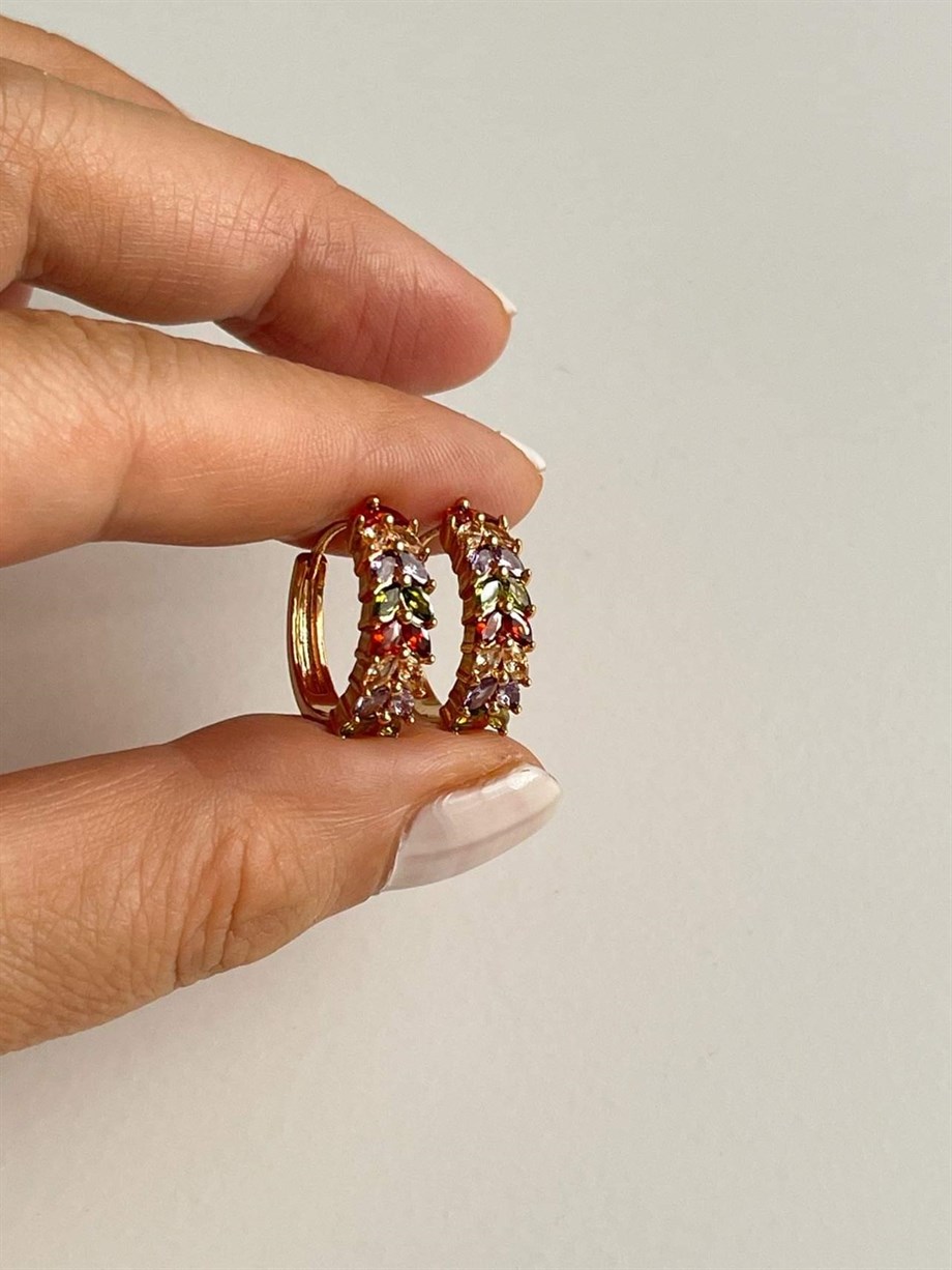 Özel Kaplama Balık Sırtı Renkli Taşlı Baget Halka Küpe (2 Cm)