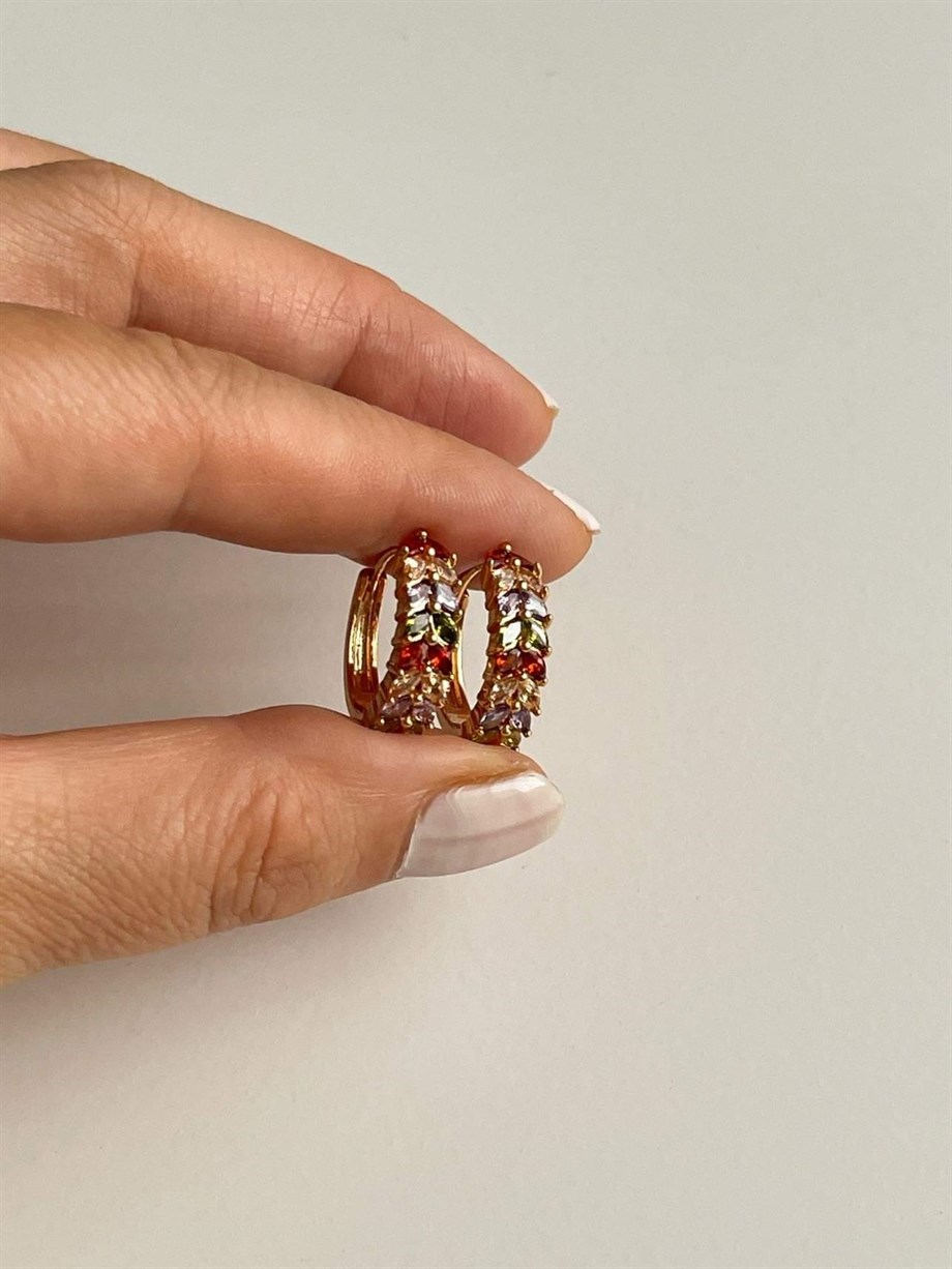 Özel Kaplama Balık Sırtı Renkli Taşlı Baget Halka Küpe (2 Cm)