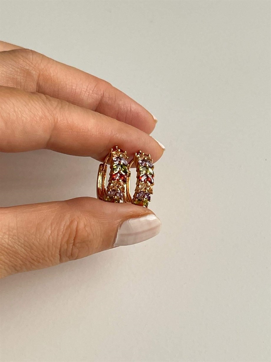 Özel Kaplama Balık Sırtı Renkli Taşlı Baget Halka Küpe (2 Cm)