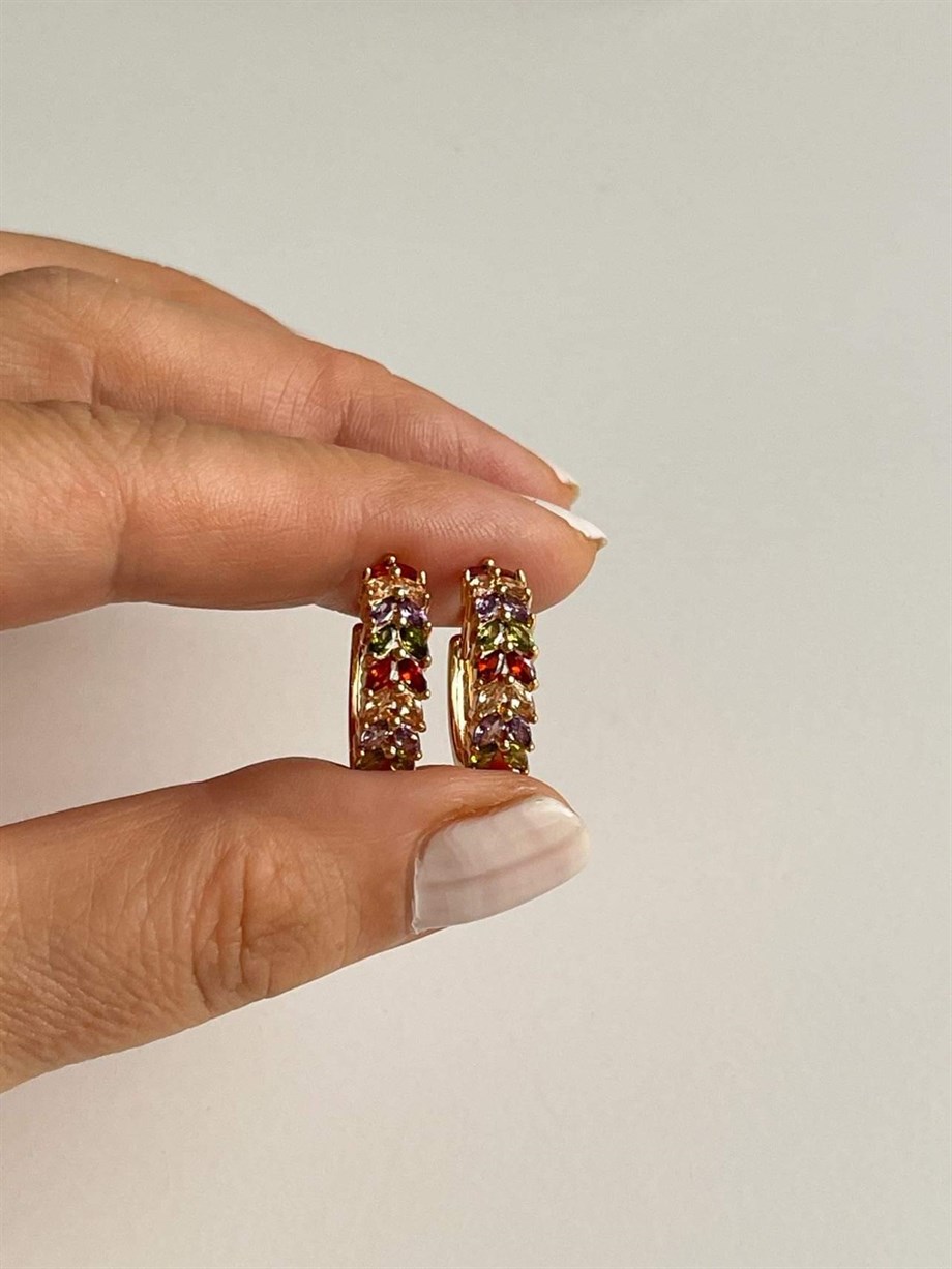 Özel Kaplama Balık Sırtı Renkli Taşlı Baget Halka Küpe (2 Cm)
