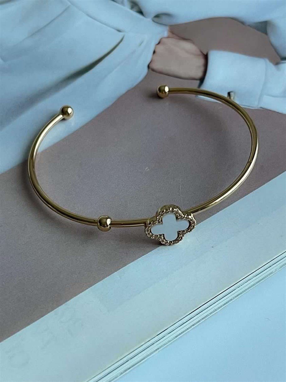 Özel Kaplama Beyaz Taşlı Van Cleef Minimal Kelepçe Bileklik 