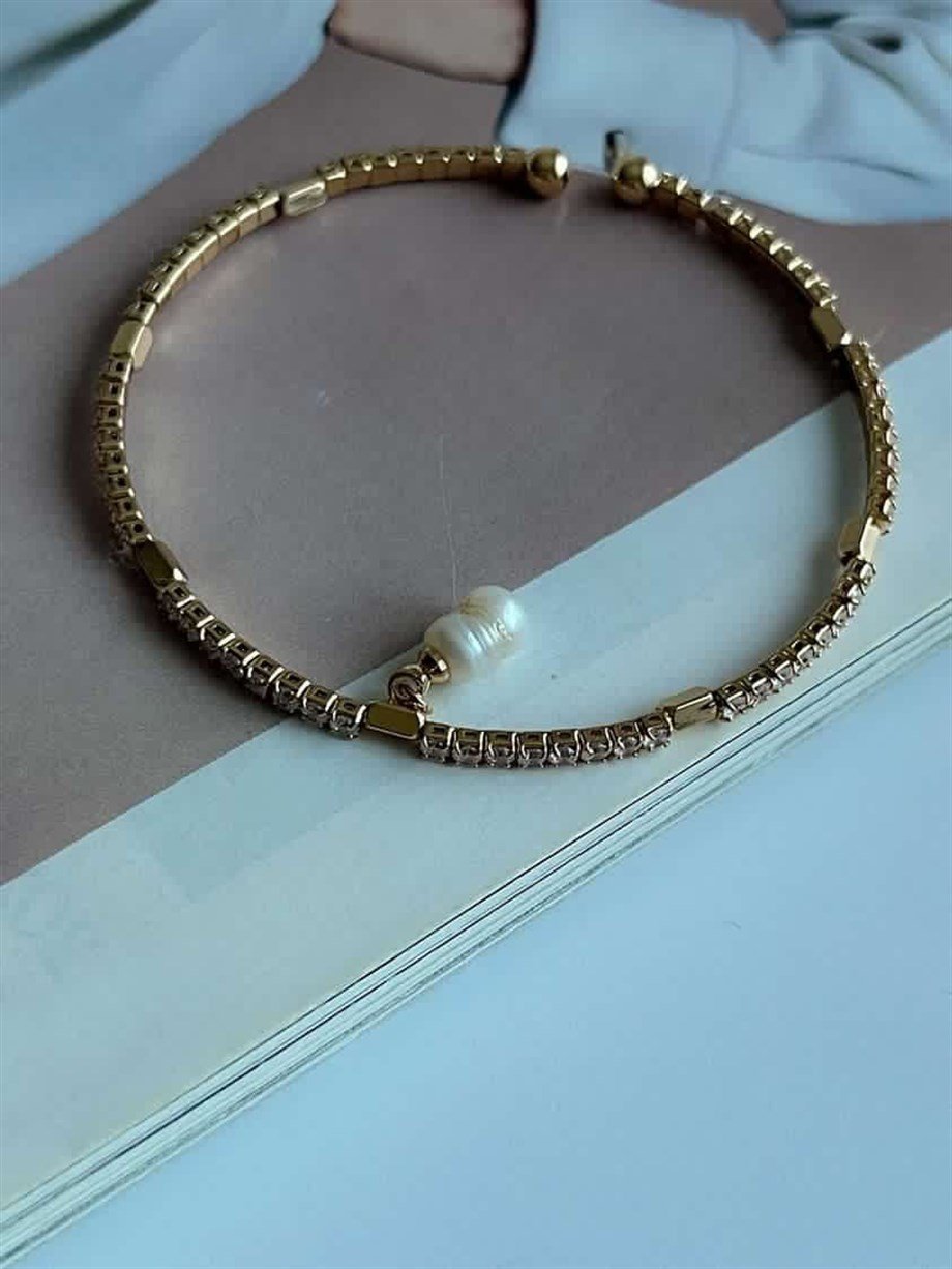 Özel Kaplama Full Taşlı İncili Minimal Kelepçe Bileklik 