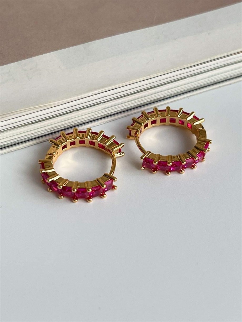 Özel Kaplama Fuşya Baget Taşlı Halka Küpe (2 Cm)