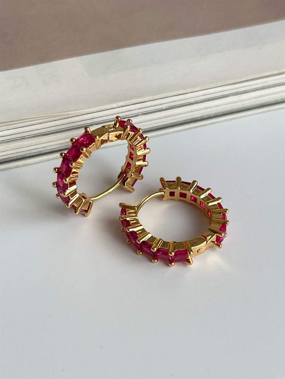Özel Kaplama Fuşya Baget Taşlı Halka Küpe (2 Cm)