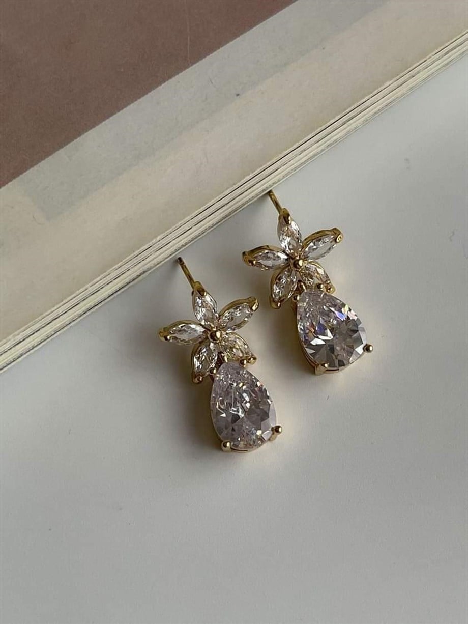 Özel Kaplama Gold Baget Taşlı Küpe (2.5 Cm)