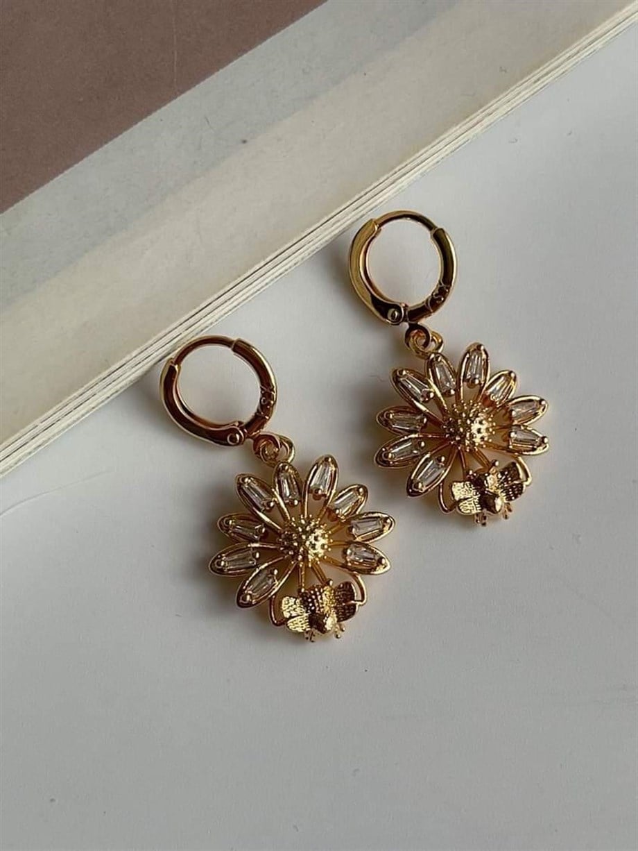 Özel Kaplama Gold Baget Taşlı Küpe (3 Cm)