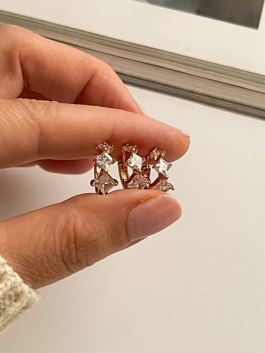 Özel Kaplama Gold Baget Taşlı Üçlü Set Halka Küpe (1.60 Cm)