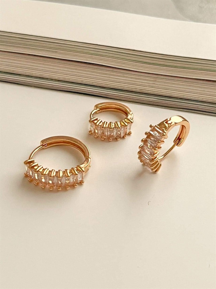Özel Kaplama Gold Baget Taşlı Üçlü Set Halka Küpe (1.70 Cm)