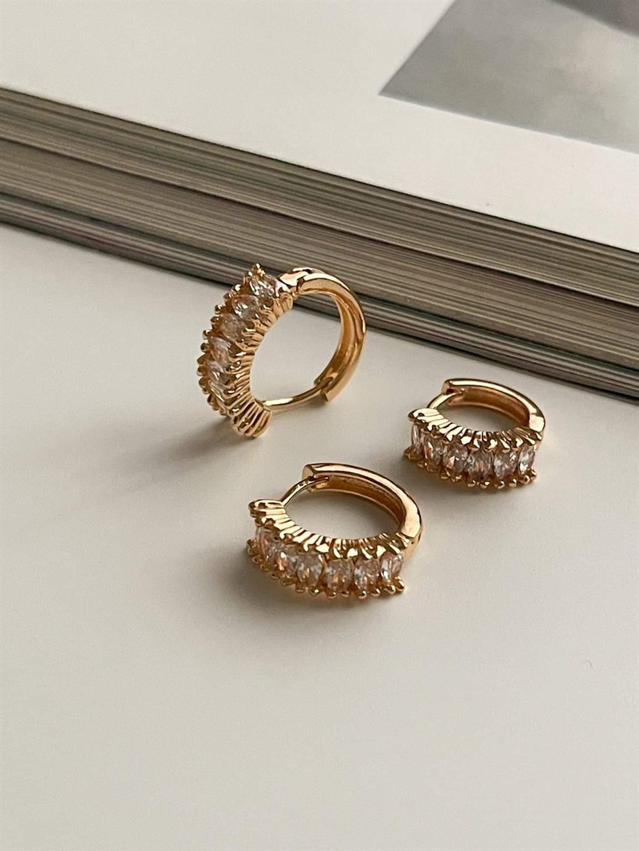 Özel Kaplama Gold Baget Taşlı Üçlü Set Halka Küpe (1.80 Cm)