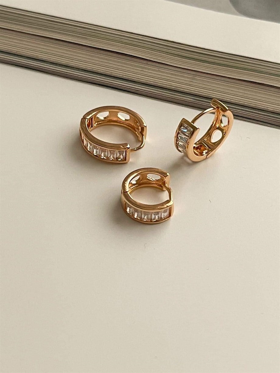 Özel Kaplama Gold Baget Taşlı Üçlü Set Halka Küpe (1.70 Cm)