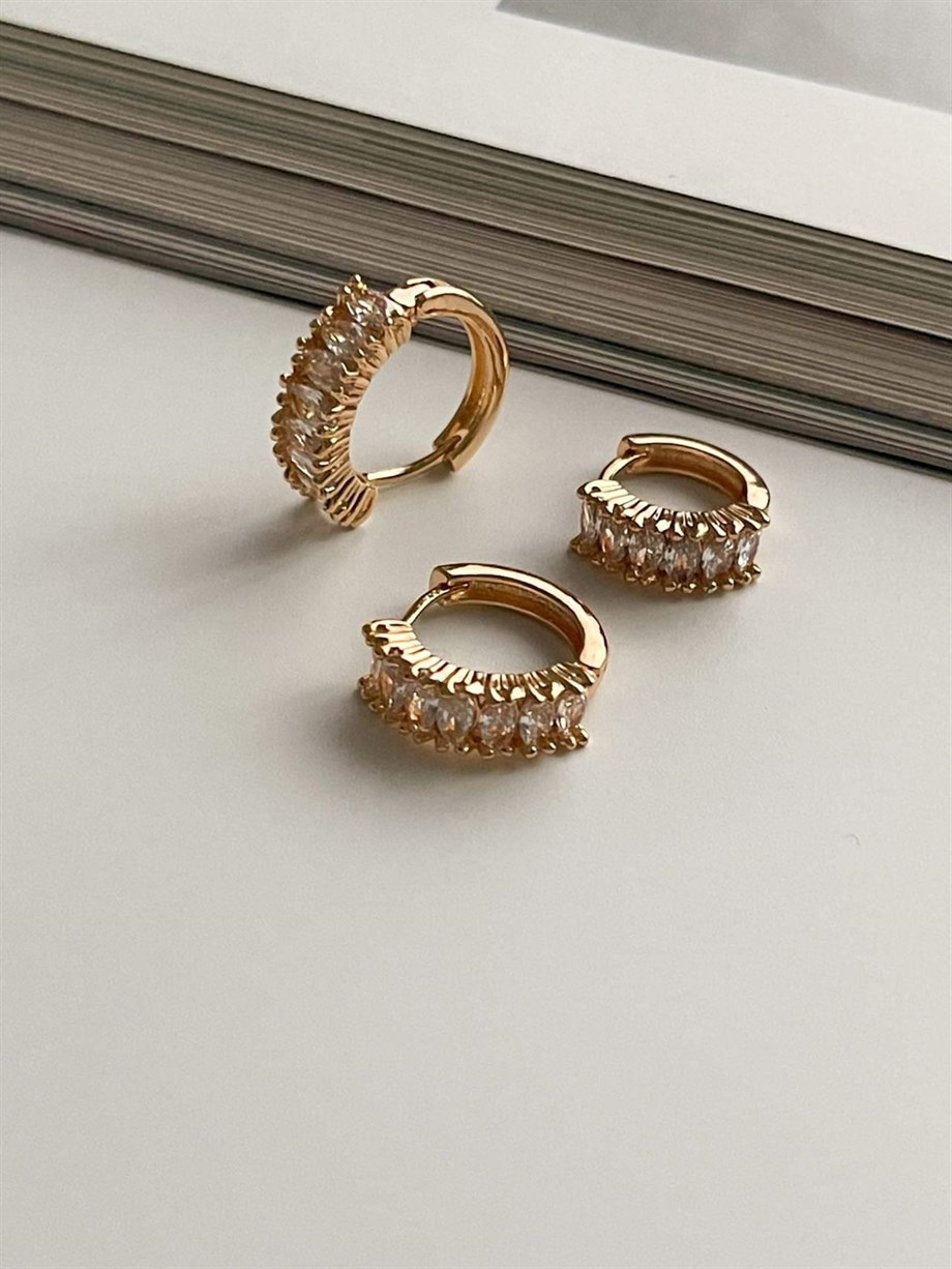 Özel Kaplama Gold Baget Taşlı Üçlü Set Halka Küpe (1.80 Cm)