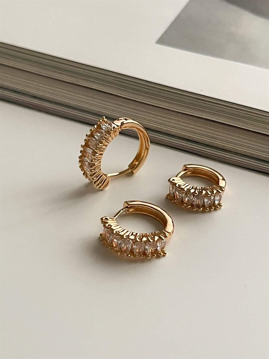 Özel Kaplama Gold Baget Taşlı Üçlü Set Halka Küpe (1.80 Cm)