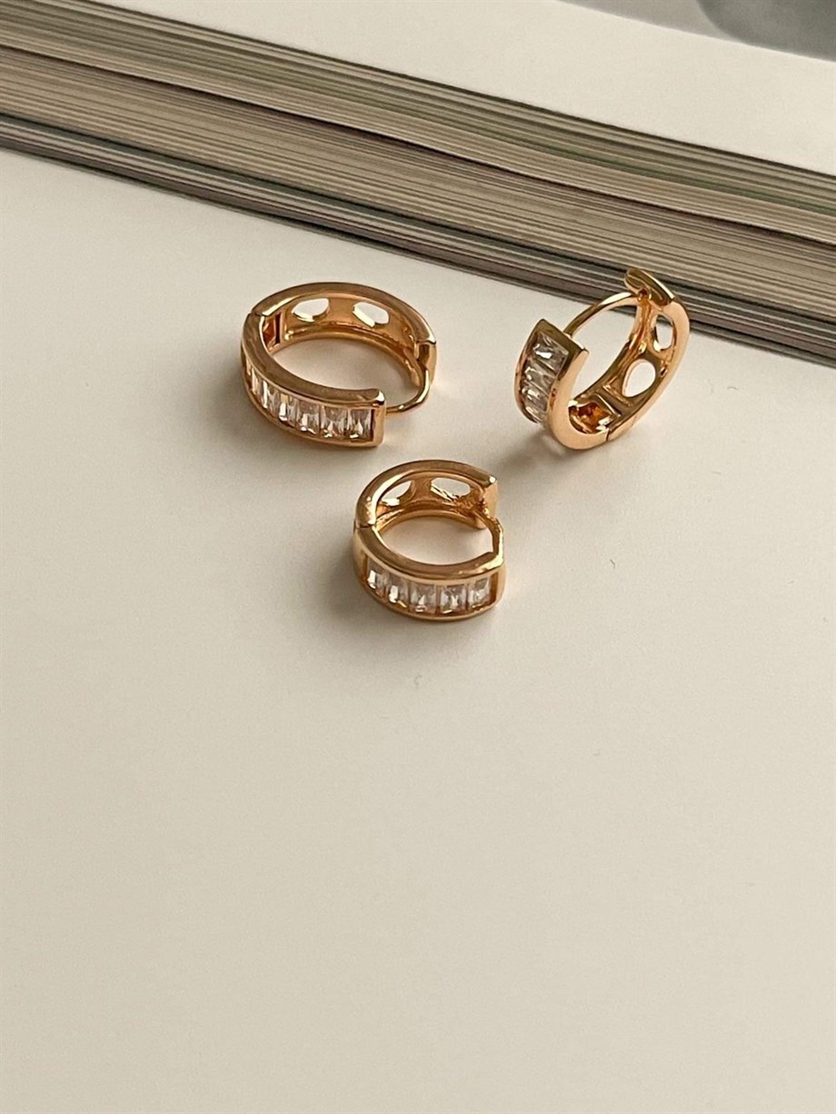 Özel Kaplama Gold Baget Taşlı Üçlü Set Halka Küpe (1.70 Cm)