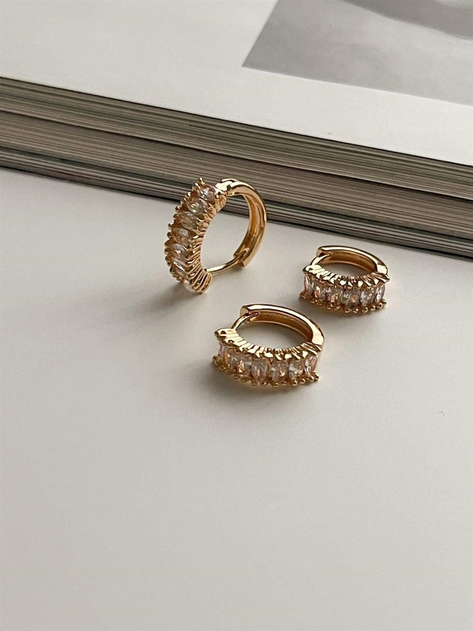 Özel Kaplama Gold Baget Taşlı Üçlü Set Halka Küpe (1.80 Cm)