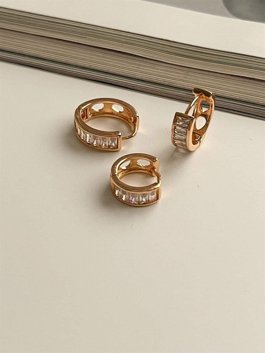Özel Kaplama Gold Baget Taşlı Üçlü Set Halka Küpe (1.70 Cm)