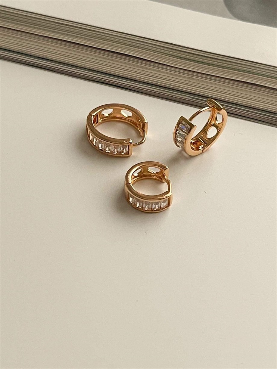 Özel Kaplama Gold Baget Taşlı Üçlü Set Halka Küpe (1.70 Cm)